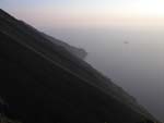 The debris slope leading from the crater to the sea--you can see a cruise ship coming in to watch the volcano erupt