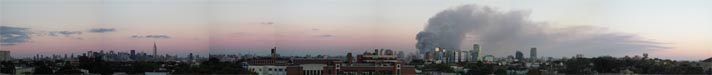 A panoramic view from our apartment in NJ at about 7:15 PM--see photos of my former view below for contrast